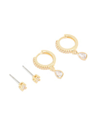 Gold Plated Brass Cubic Zirconia April Birthstone Earrings 2 Pack - link has visual effect only