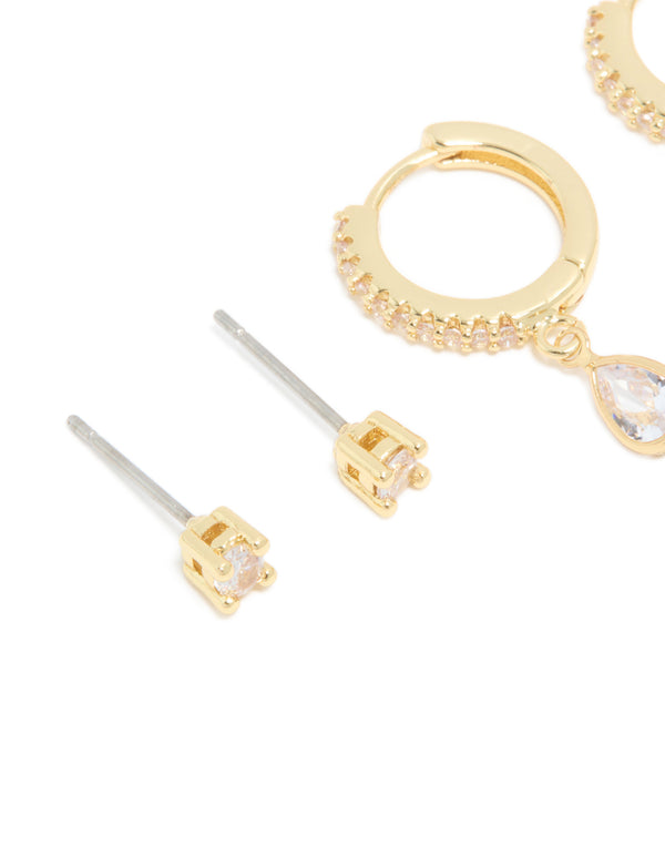 Gold Plated Brass Cubic Zirconia April Birthstone Earrings 2 Pack