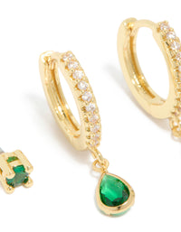 Gold Plated Brass Emerald Cubic Zirconia May Birthstone Earrings 2 Pack - link has visual effect only