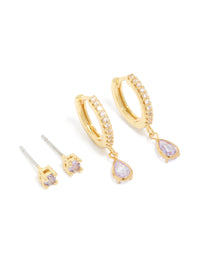 Gold Plated Brass Light Amethyst Cubic Zirconia June Birthstone Earrings 2 Pack - link has visual effect only