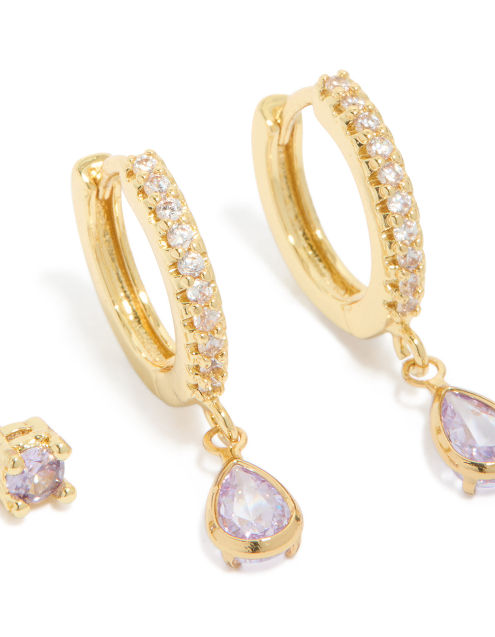 Gold Plated Brass Light Amethyst Cubic Zirconia June Birthstone Earrings 2 Pack
