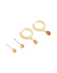 Gold Plated Brass Garnet Cubic Zirconia January Birthstone Earrings 2-Pack - link has visual effect only