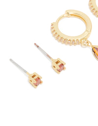 Gold Plated Brass Garnet Cubic Zirconia January Birthstone Earrings 2-Pack - link has visual effect only
