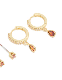 Gold Plated Brass Garnet Cubic Zirconia January Birthstone Earrings 2-Pack - link has visual effect only