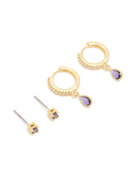 Gold Plated Brass Amethyst Cubic Zirconia February Birthstone Earrings 2 Pack - link has visual effect only
