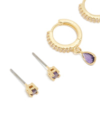 Gold Plated Brass Amethyst Cubic Zirconia February Birthstone Earrings 2 Pack - link has visual effect only