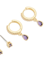 Gold Plated Brass Amethyst Cubic Zirconia February Birthstone Earrings 2 Pack - link has visual effect only