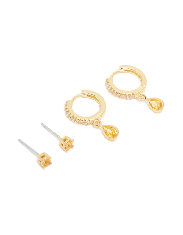 Gold Plated Brass Citrine Cubic Zirconia November Birthstone Earrings 2-Pack
