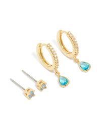 Gold Plated Brass Tanzanite Cubic Zirconia December Birthstone Earrings 2-Pack - link has visual effect only