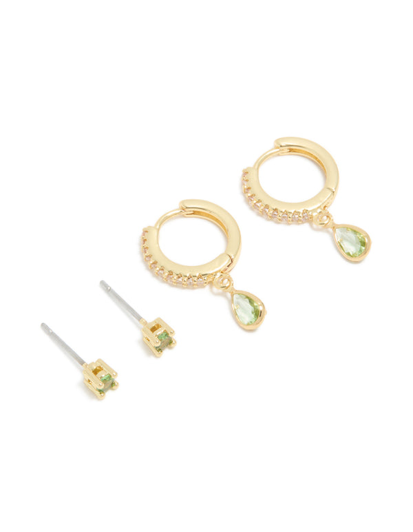 Gold Plated Brass Peridot Cubic Zirconia August Birthstone Earrings 2 Pack