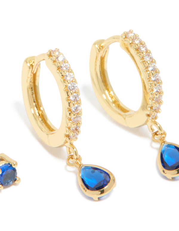 Gold Plated Brass Sapphire Cubic Zirconia September Birthstone Earrings 2-Pack