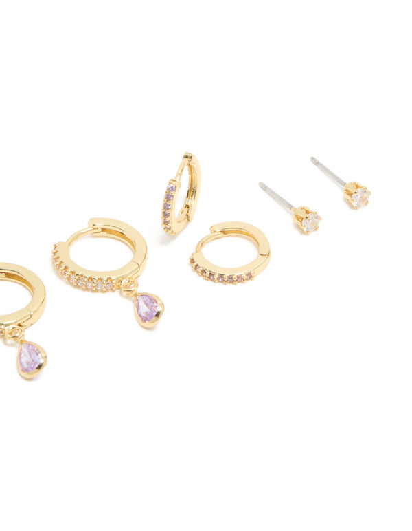 Gold Plated Brass Light Amethyst Cubic Zirconia June Birthstone Earrings 4-Pack