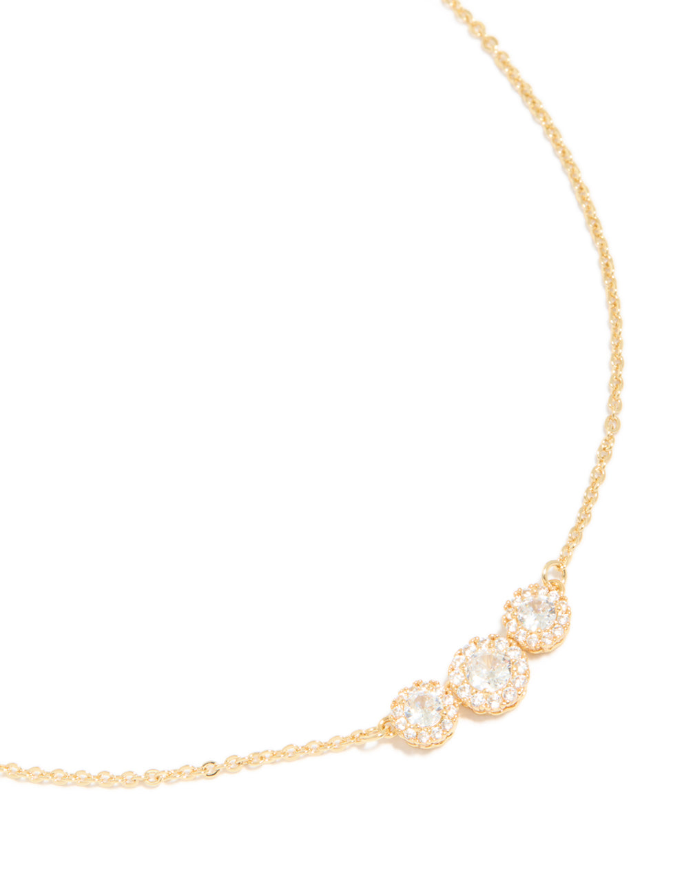 This gold plated cubic zirconia featuring trio halo stone cut necklace close up view