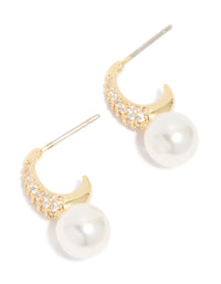 Gold Plated Cubic Zirconia & Pearl Small Pave Open Hoop Earrings - link has visual effect only