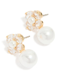 Gold Plated Cubic Zirconia Flower & Pearl Drop Earrings - link has visual effect only