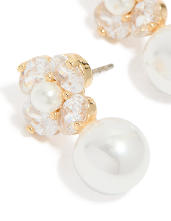Gold Plated Cubic Zirconia Flower & Pearl Drop Earrings