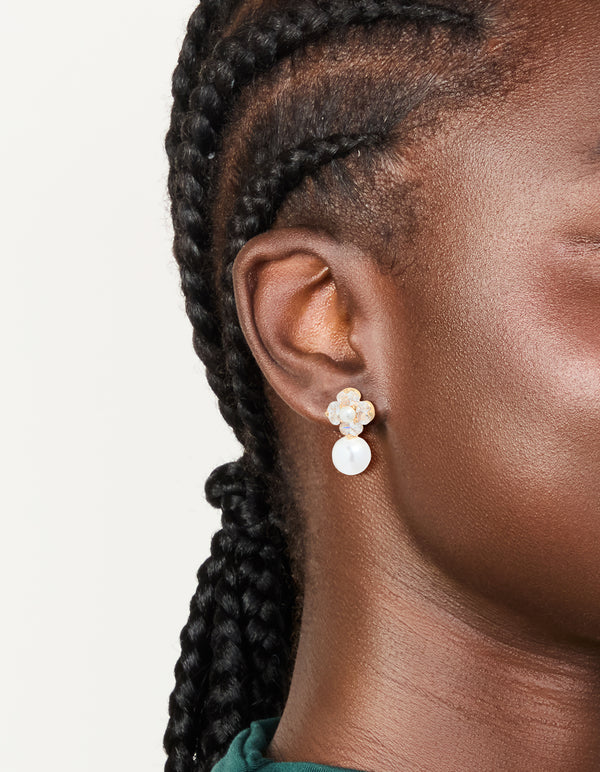Gold Plated Cubic Zirconia Flower & Pearl Drop Earrings