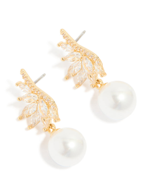 Gold Plated Cubic Zirconia Vine Fan & Pearl Drop Earrings