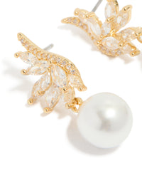 Gold Plated Cubic Zirconia Vine Fan & Pearl Drop Earrings - link has visual effect only