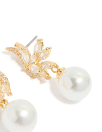 Gold Plated Cubic Zirconia Vine Fan & Pearl Drop Earrings - link has visual effect only