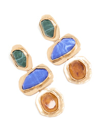 Worn Gold Blue & Green Acrylic Triple Layered Drop Earrings - link has visual effect only