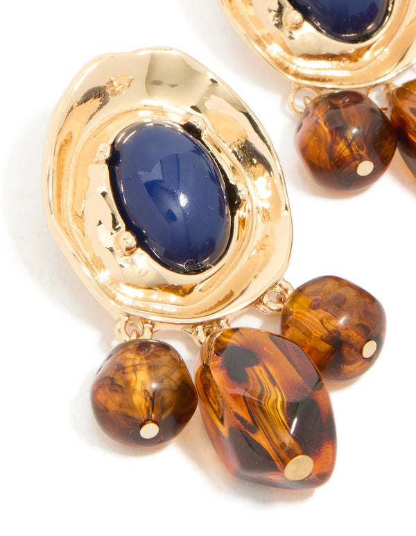 Gold Dark Blue Acrylic & Brown Beaded Medallion Drop Earrings