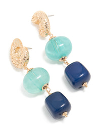 Gold Shell & Blue Beaded Drop Earrings - link has visual effect only