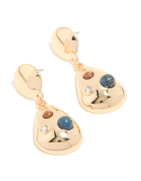 Gold Brown & Blue Stone Spotted Drop Earrings - link has visual effect only