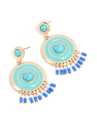 Gold Blue Enamel & Blue Beaded Round Drop Earrings - link has visual effect only