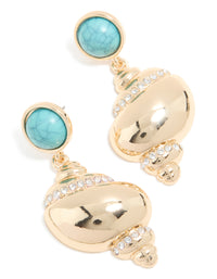 Gold Shell & Turquoise Stone Stud Drop Earrings - link has visual effect only
