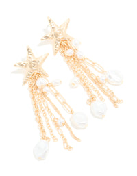 Gold Pearl Star Fish Chain Drop Earrings - link has visual effect only
