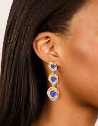 Antique Gold Textured Triple Blue Stone Layered Drop Earrings - link has visual effect only