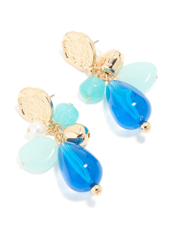 Gold Textured & Blue Beaded Drop Earrings