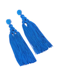 Dark Blue Fabric Fringe Long Drop Earrings - link has visual effect only