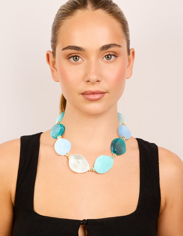 Blue Acrylic Stones Large Gold Link Necklace