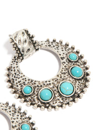 Antique Silver Turquoise Stone Round Textured Drop Earrings - link has visual effect only