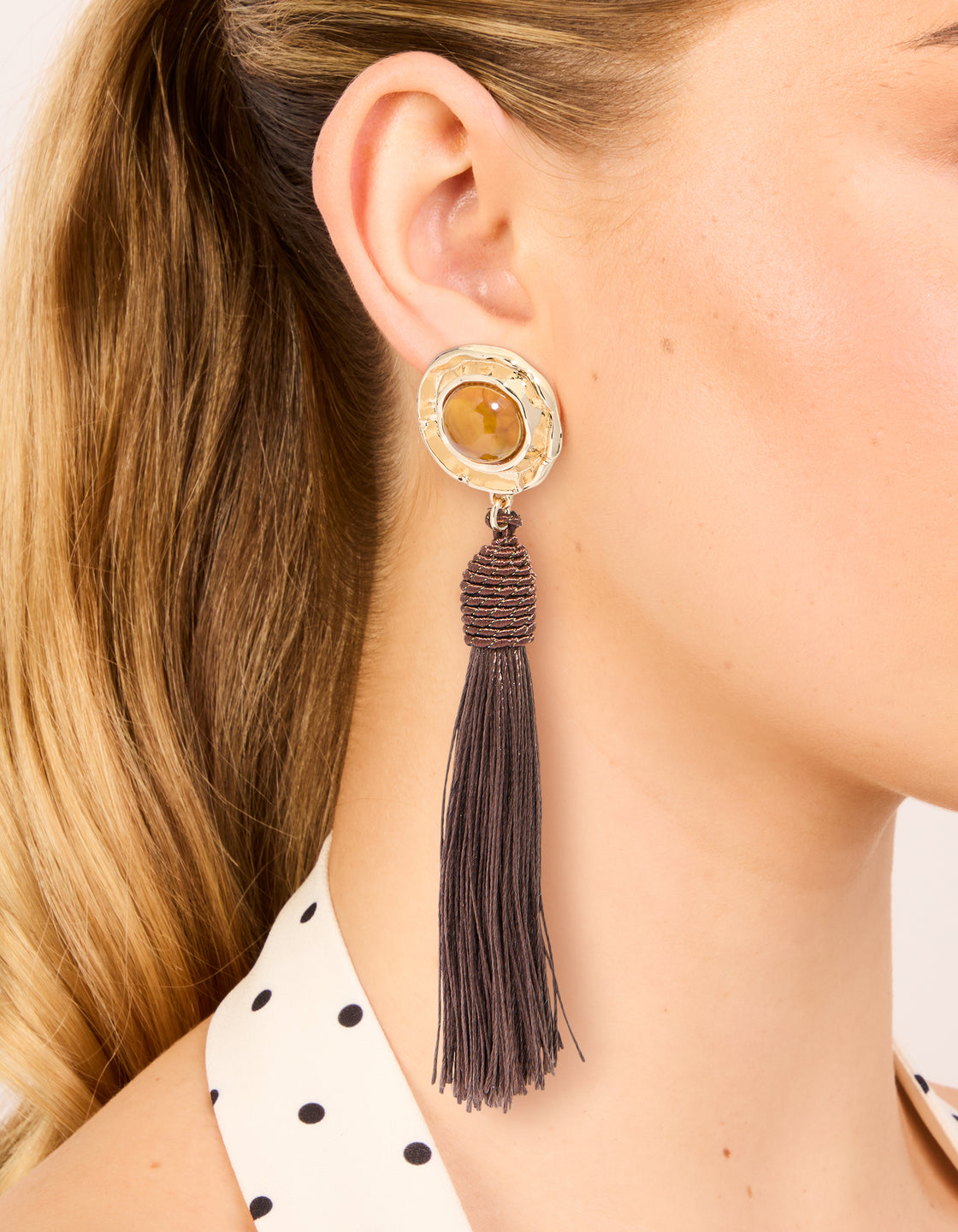 Gold Yellow Stone & Brown Knotted Tassel Drop Earrings
