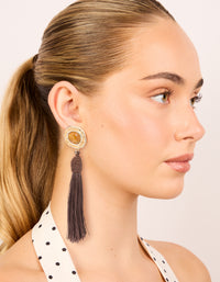 Gold Yellow Stone & Brown Knotted Tassel Drop Earrings - link has visual effect only