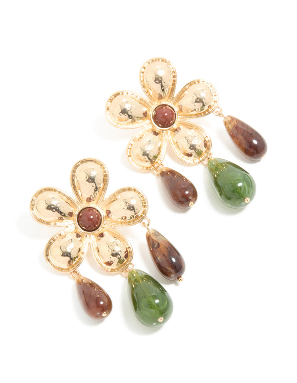 Gold Flower Brown & Green Beaded Statement Earrings