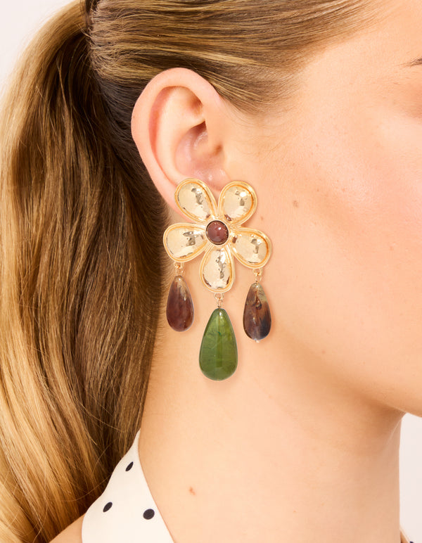 Gold Flower Brown & Green Beaded Statement Earrings