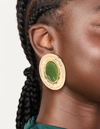 Gold Dark Green Enamel Statement Round Earrings - link has visual effect only