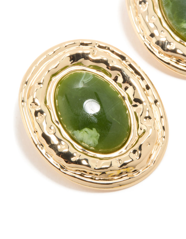 Gold Dark Green Enamel Statement Round Earrings