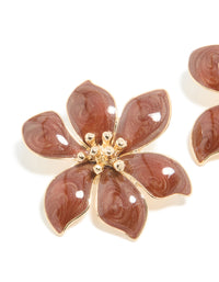 Gold Brown Enamel Swirl Statement Flower Stud Earrings - link has visual effect only