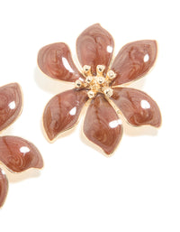 Gold Brown Enamel Swirl Statement Flower Stud Earrings - link has visual effect only