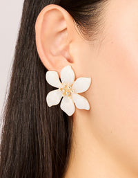 Gold Cream Enamel Swirl Statement Flower Stud Earrings - link has visual effect only