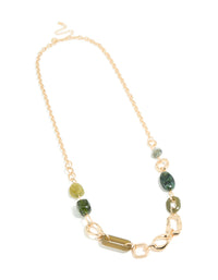 Gold Long Green Beaded & Link Necklace - link has visual effect only