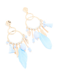 Gold Blue Beaded Leaf & Feathers Boho Earrings - link has visual effect only