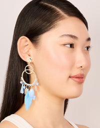 Gold Blue Beaded Leaf & Feathers Boho Earrings - link has visual effect only