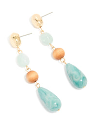 Gold Blue Beaded & Wood Organic Drop Earrings - link has visual effect only