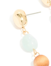 Gold Blue Beaded & Wood Organic Drop Earrings - link has visual effect only